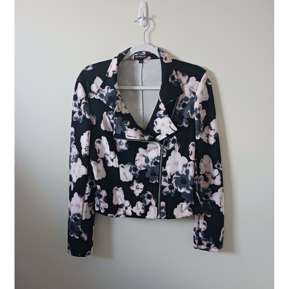 Express Moto Jacket Women M Black Pink‎ Floral Cropped Asymmetrical